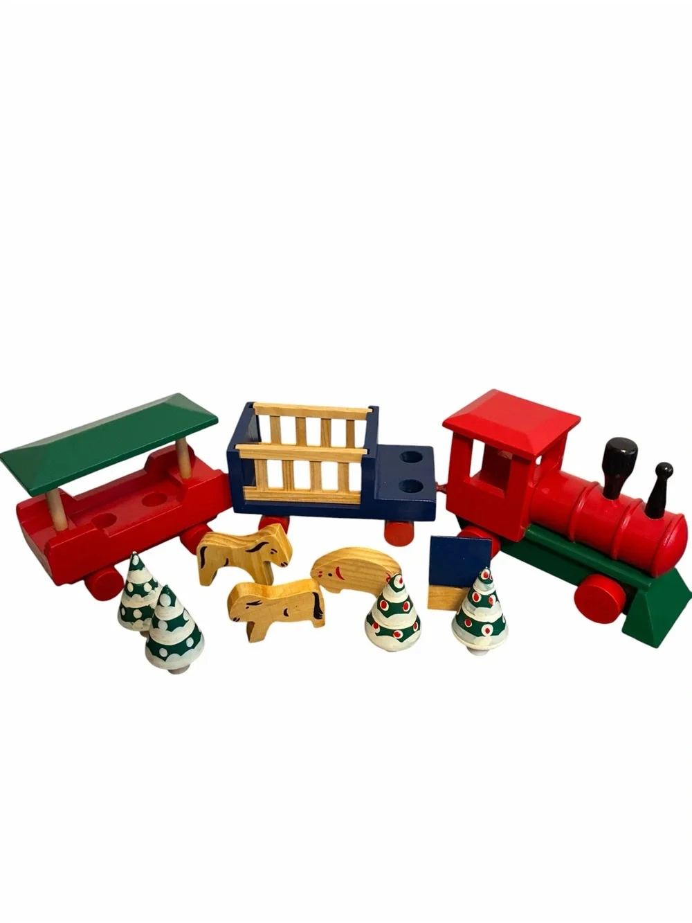 Vintage Wooden Toy Train Set Farm Animals and Christmas Trees 11 Piece